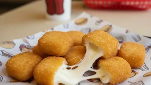 Cookout white cheddar cheese bites with melted cheese pulling from one bite