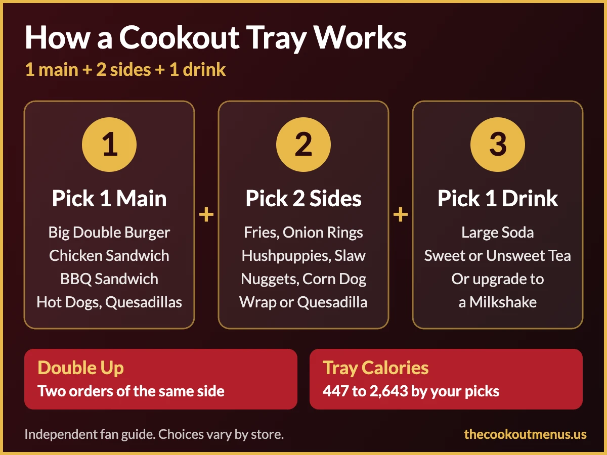 How a Cookout Tray works: pick 1 main, 2 sides and 1 drink, with the double up option and the tray calorie range