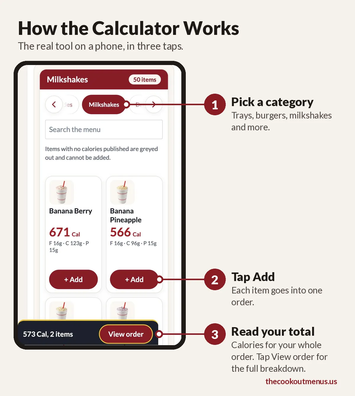 The Cookout calorie calculator on a phone with three labels: pick a category, tap Add, read your total