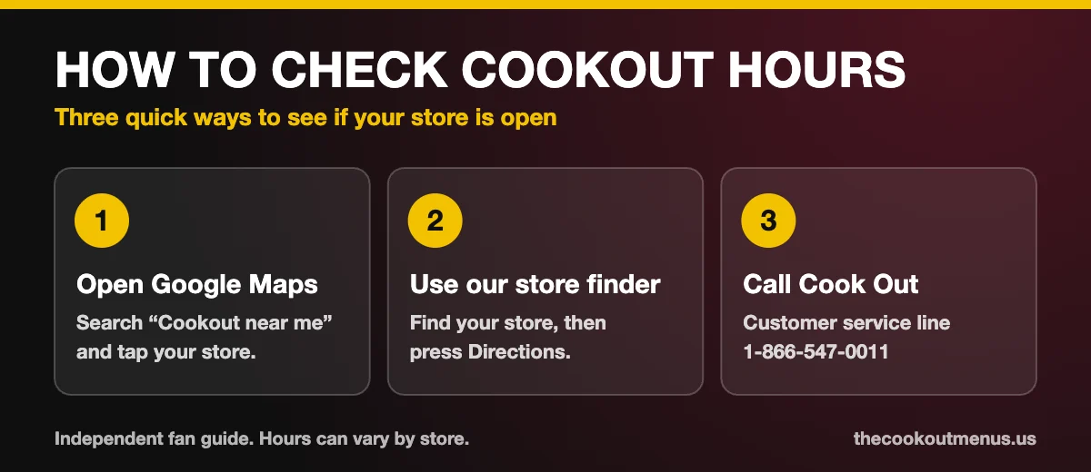 Three ways to check Cookout hours: open Google Maps, use the store finder, or call Cook Out customer service