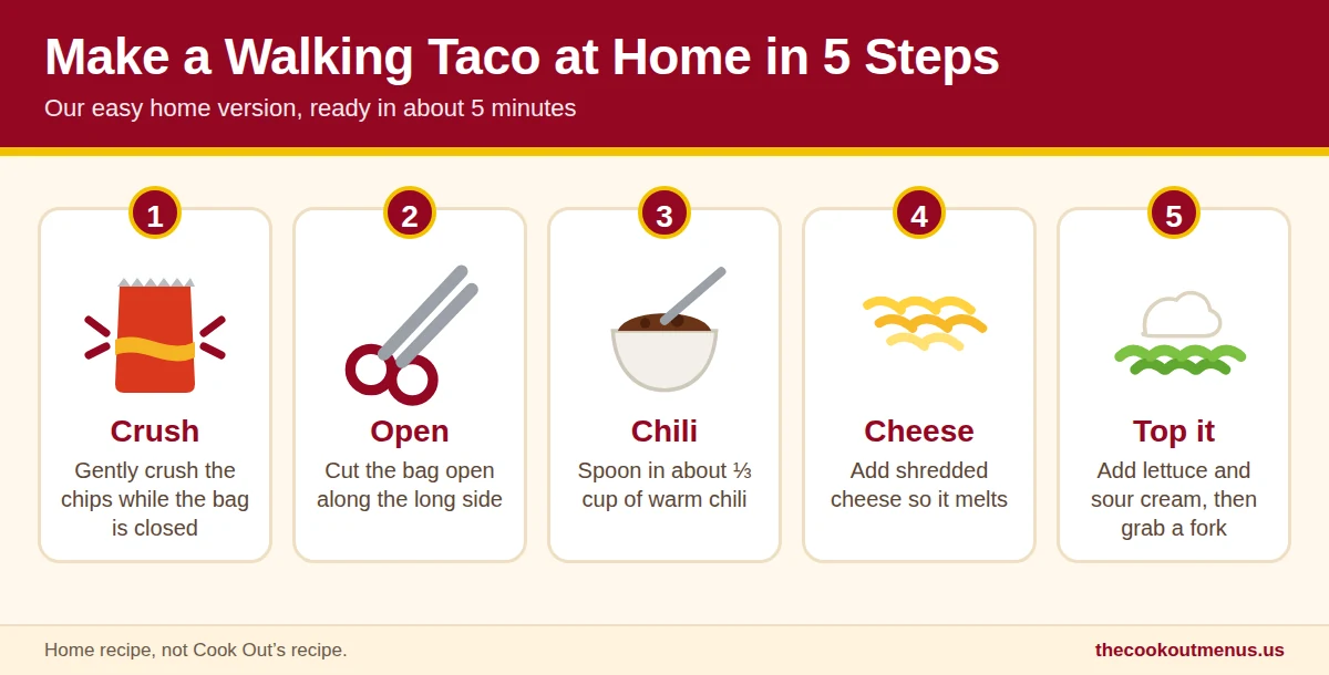 5 steps to make a walking taco at home, crush, open, add chili, add cheese, top with lettuce and sour cream