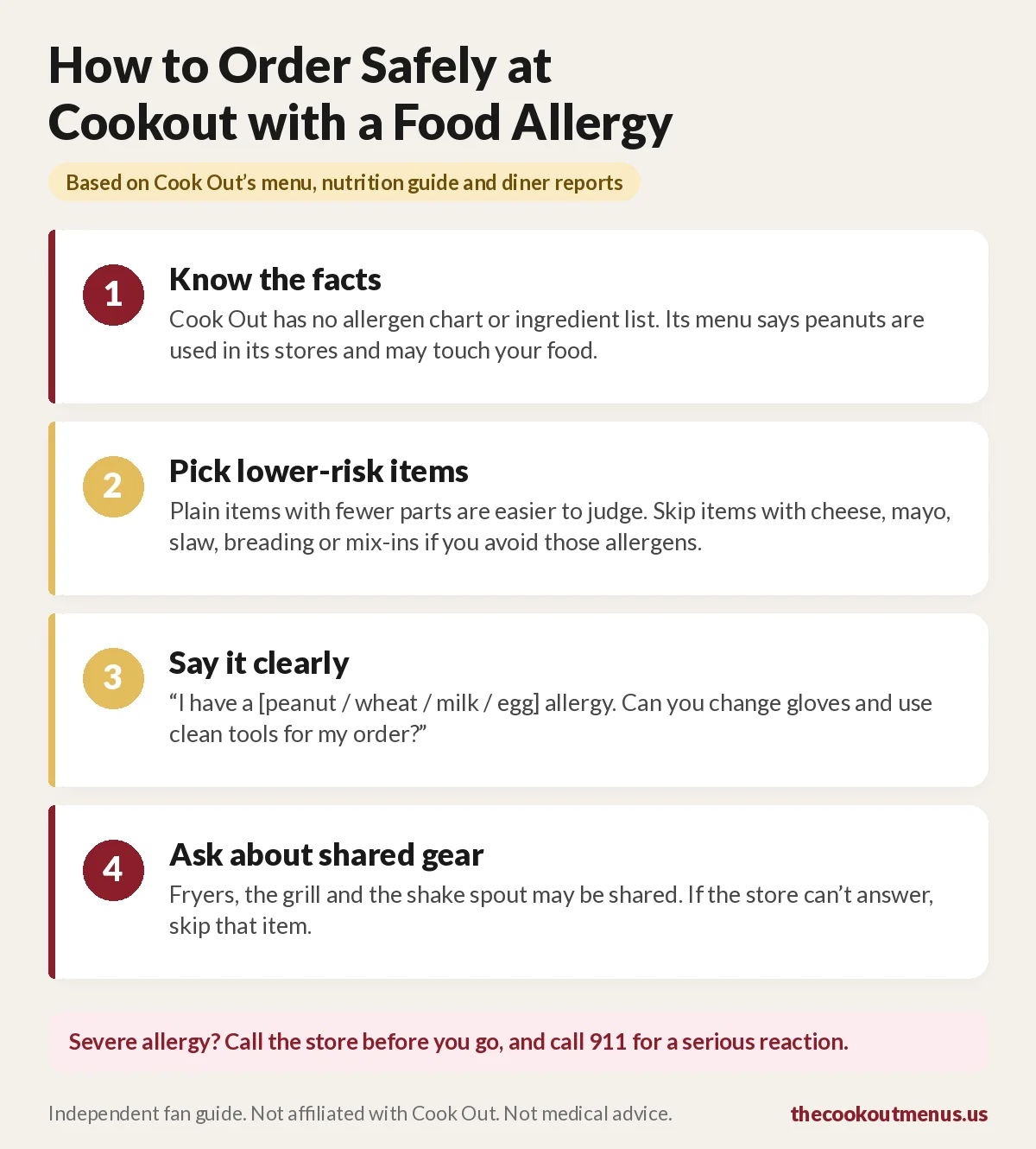 How to order safely at Cookout with a food allergy: know the facts, pick lower-risk items, say your allergy clearly, and ask about shared fryers, grill and shake spout