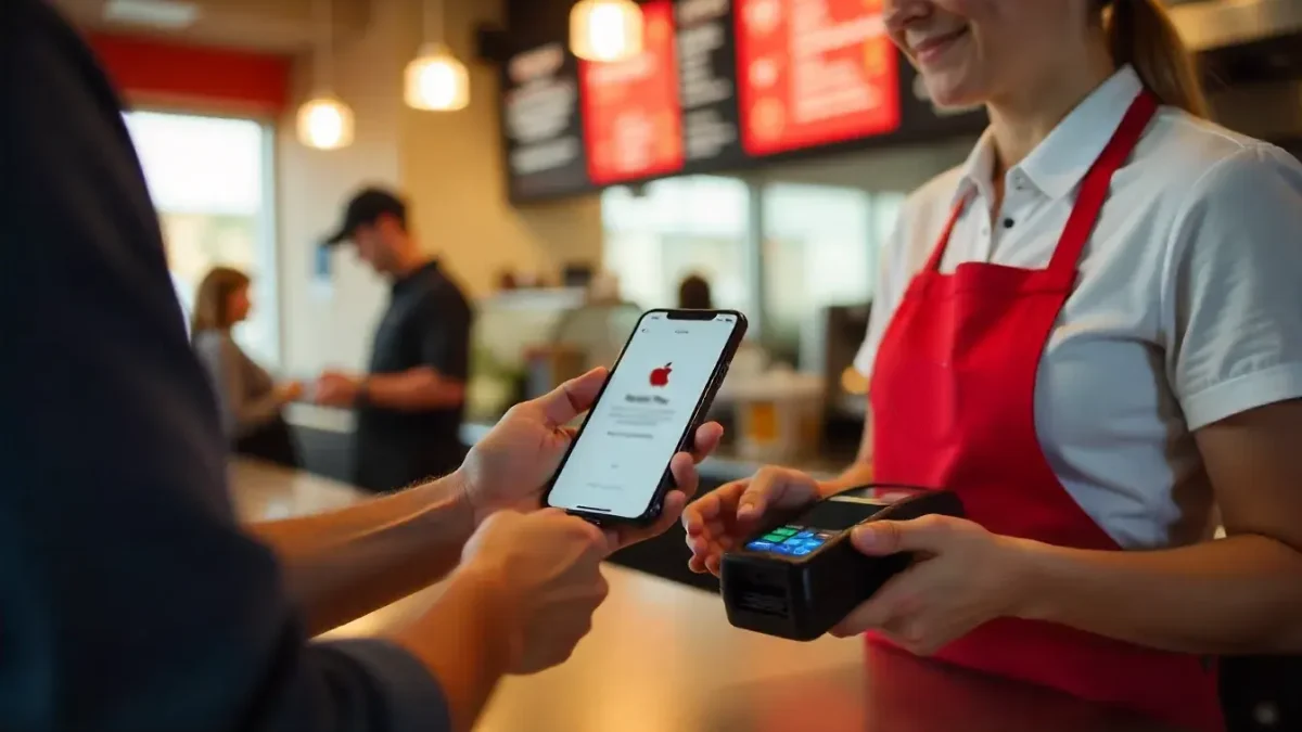 Customer paying with Apple Pay on an iPhone at a fast-food counter card reader